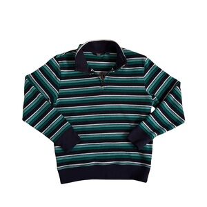 Lands' End Men's Striped Quarter Zip-Up Sweater - Navy and Green